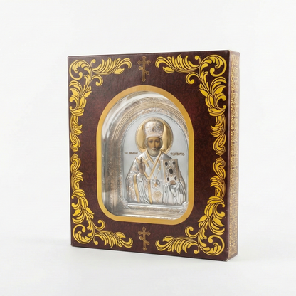 Saint Nicholas Silver Icon in Arched Kiot 27x24 cm