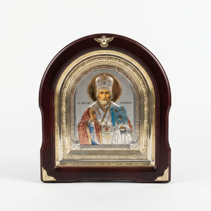 Saint Nicholas Silver Icon in Arched Kiot 27x24 cm