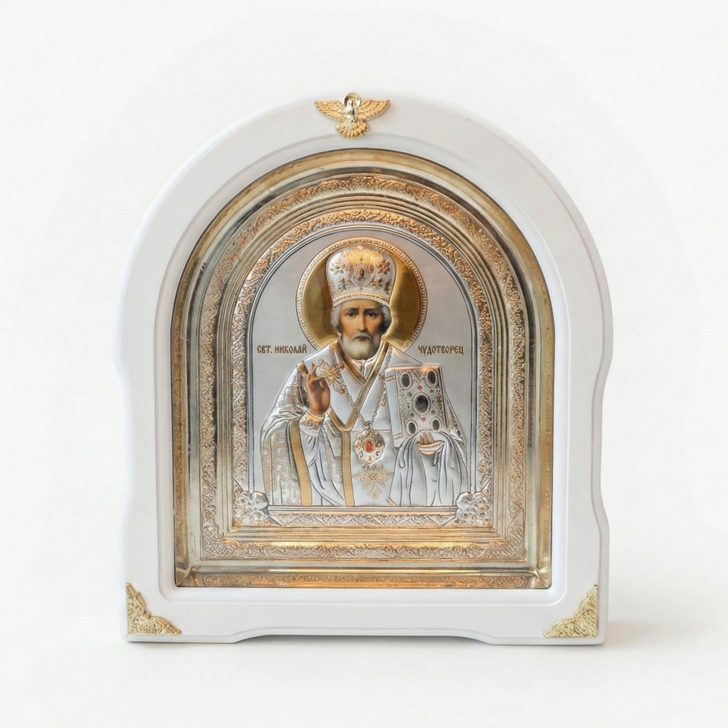 Saint Nicholas Silver Icon in Arched Kiot 27x24 cm