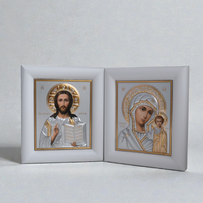 Jesus Christ and Virgin Mary Wedding Silver Icon Set in Kiot 13x15 cm