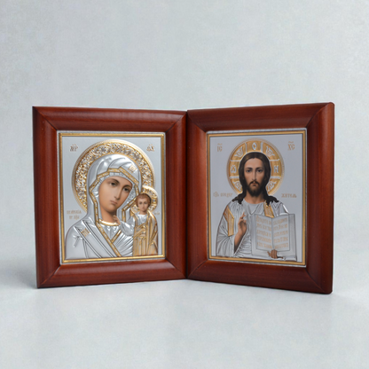 Jesus Christ and Virgin Mary Wedding Silver Icon Set in Kiot 13x15 cm