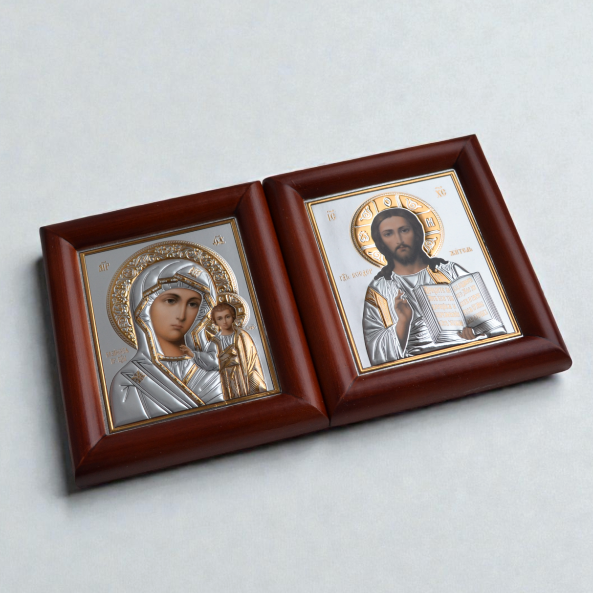 Jesus Christ and Virgin Mary Wedding Silver Icon Set in Kiot 13x15 cm