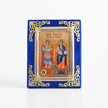 Archangels Michael and Gabriel Icon in Velvet Frame 9x12 cm