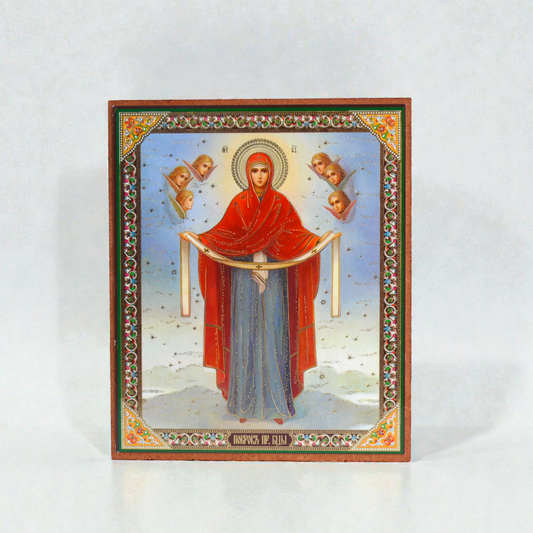 Protection of the Theotokos Icon on Wood 10x12 cm
