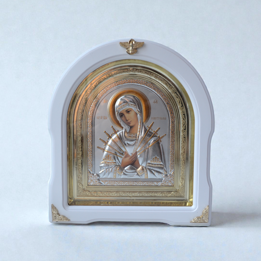 Seven Arrows Virgin Mary Silver Icon in Arched Kiot 27x24 cm