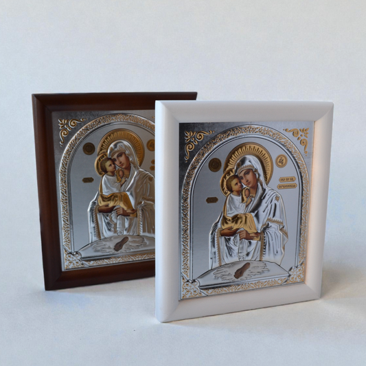 Pochaev Virgin Mary Silver Icon in Kiot 18x21 cm