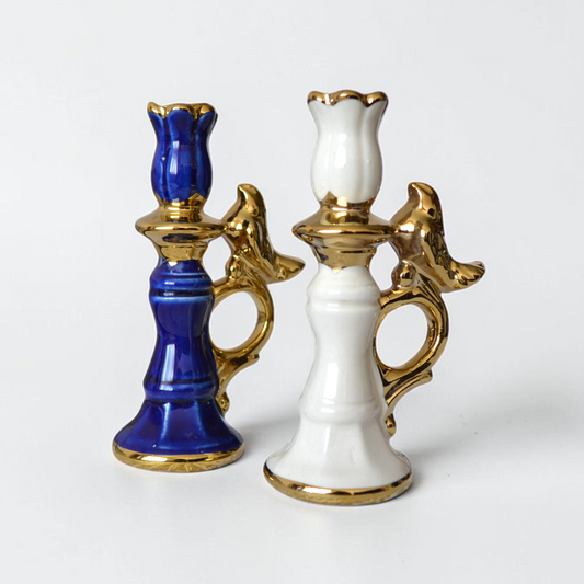 Ceramic Candle Holder with Decorative Bird Gold Handel