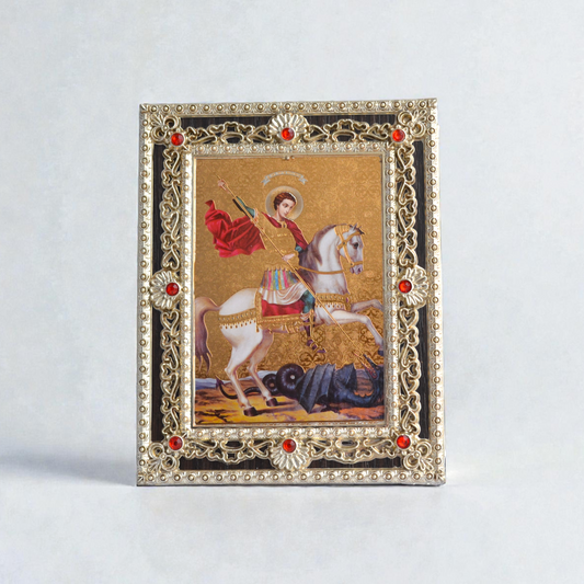Saint George the Victorious icon in wooden frame