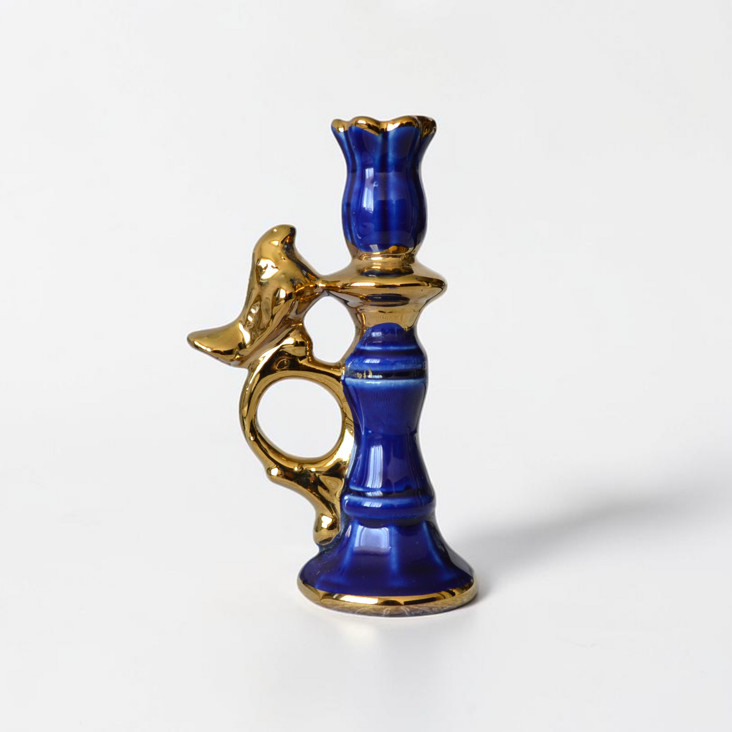 Ceramic Candle Holder with Decorative Bird Gold Handel