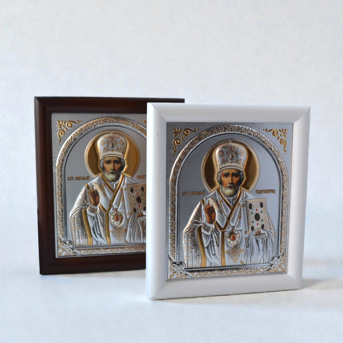 Saint Nicholas Silver Icon in Kiot 18x21 cm