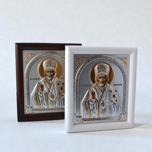 Saint Nicholas Silver Icon in Kiot 18x21 cm