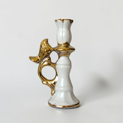 Ceramic Candle Holder with Decorative Bird Gold Handel