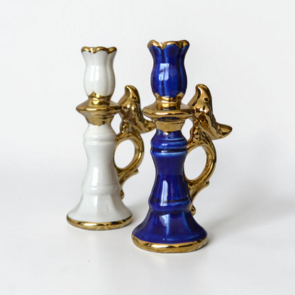 Ceramic Candle Holder with Decorative Bird Gold Handel