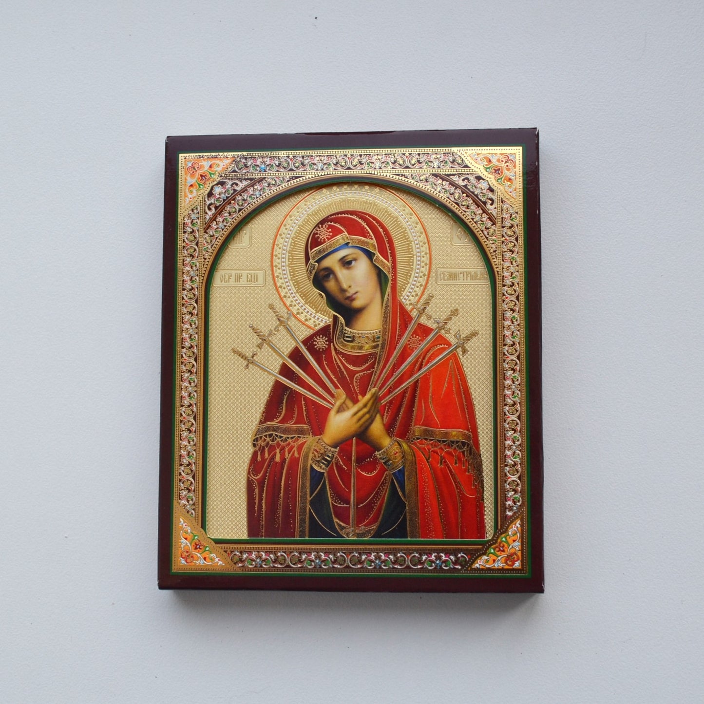 Seven Arrows Virgin Mary Icon on Wood 10x12 cm