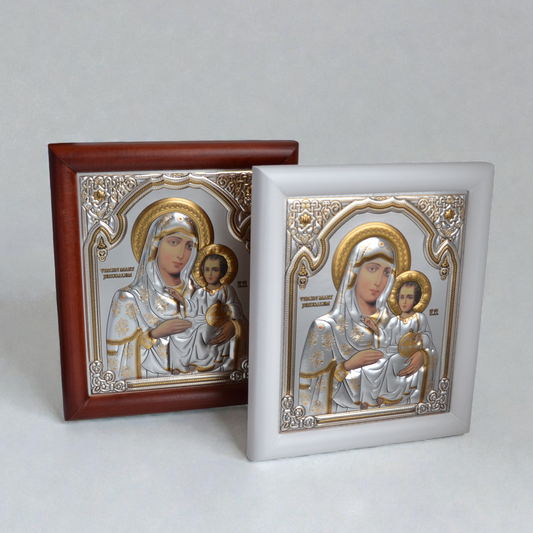 Jerusalem Virgin Mary Silver Icon in Kiot 18x21 cm