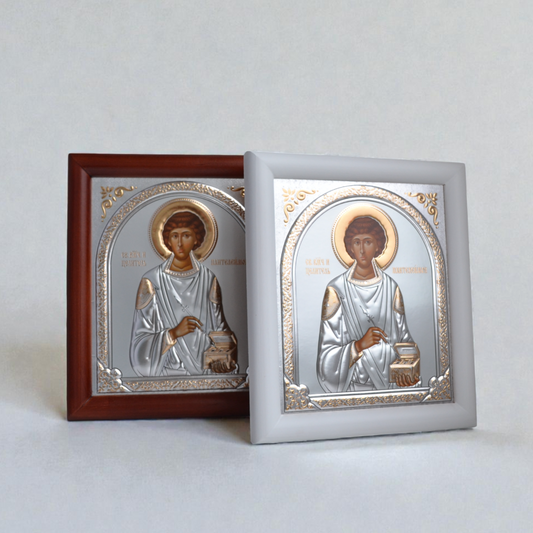 Saint Panteleimon Silver Icon in Kiot 18x21 cm