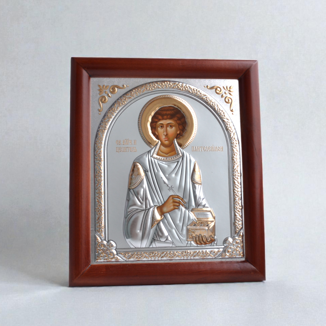 Saint Panteleimon Silver Icon in Kiot 18x21 cm