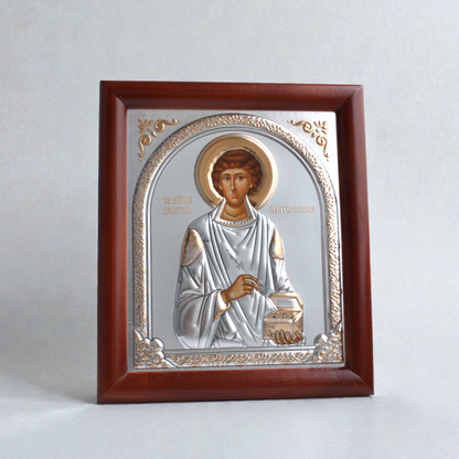Saint Panteleimon Silver Icon in Kiot 18x21 cm