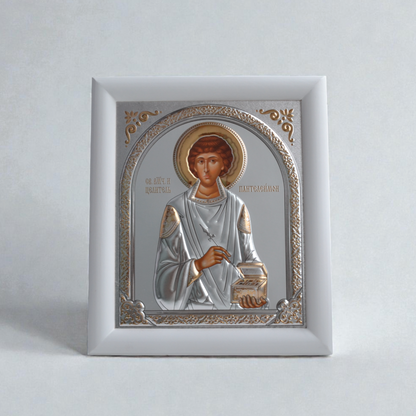 Saint Panteleimon Silver Icon in Kiot 18x21 cm