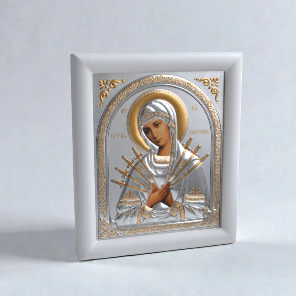 Seven Arrows Virgin Mary Silver Icon in Kiot 18x21 cm