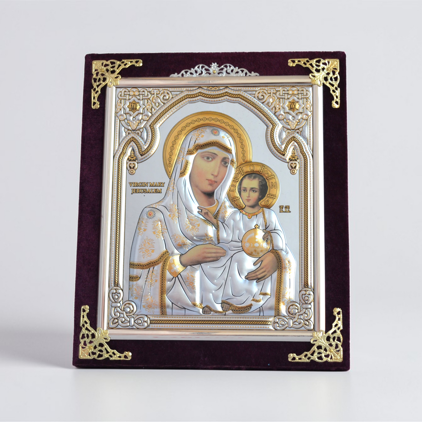 Jerusalem Virgin Mary Icon in Velvet Frame 18x21 cm