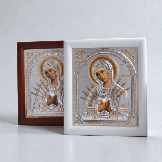 Seven Arrows Virgin Mary Silver Icon in Kiot 18x21 cm