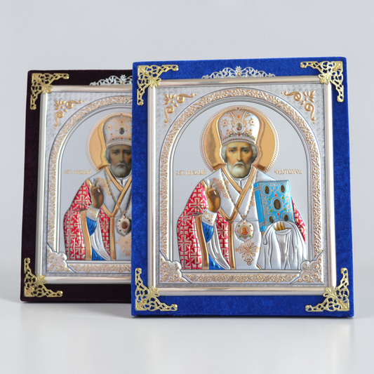 Saint Nicholas Icon in Velvet Frame 18x21 cm