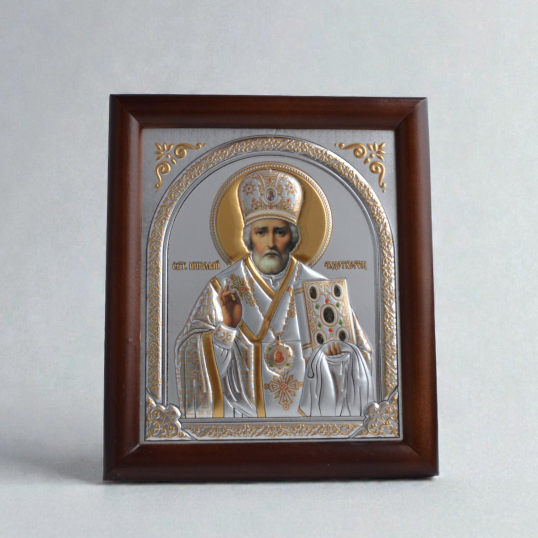 Saint Nicholas Silver Icon in Kiot 18x21 cm