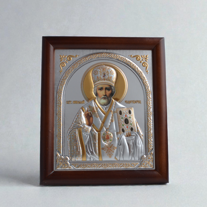 Saint Nicholas Silver Icon in Kiot 18x21 cm