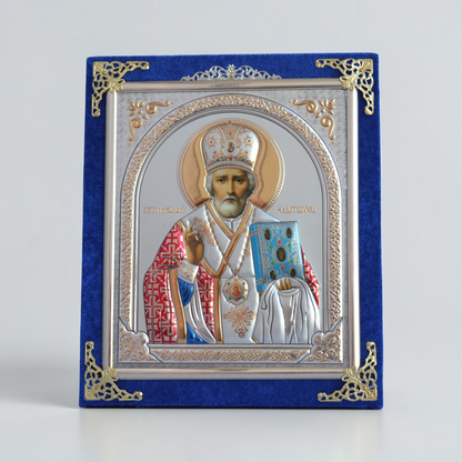 Saint Nicholas Icon in Velvet Frame 18x21 cm