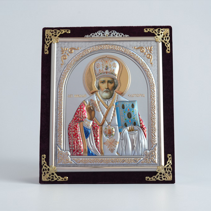 Saint Nicholas Icon in Velvet Frame 18x21 cm