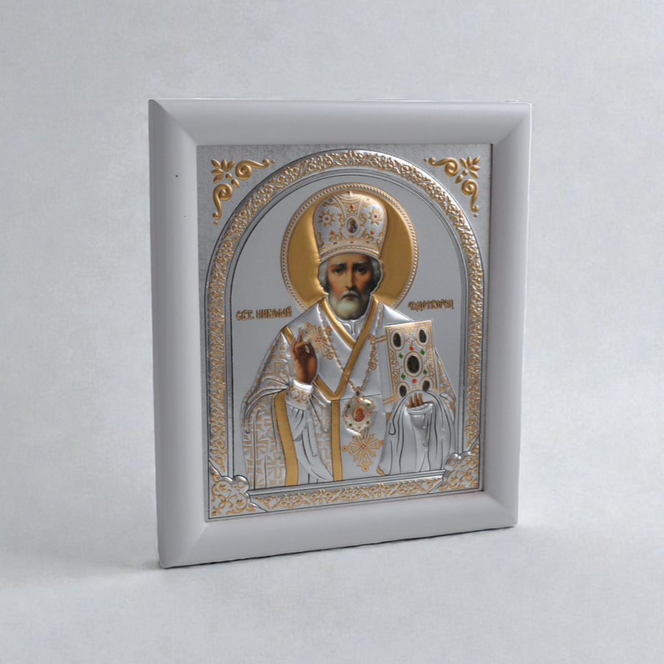 Saint Nicholas Silver Icon in Kiot 18x21 cm
