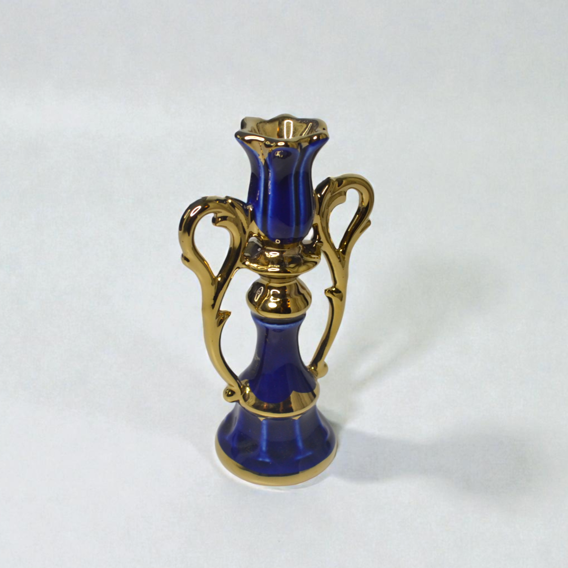 Blue Ceramic Lotus Candle Holder with Decorative Gold Handles