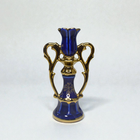 Blue Ceramic Lotus Candle Holder with Decorative Gold Handles